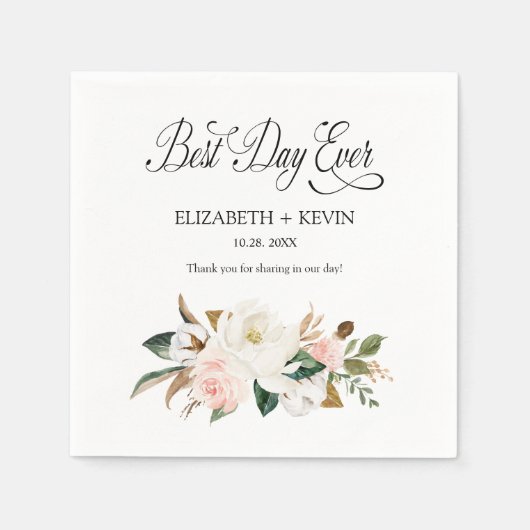 White Blush Magnolia Floral Best Day Ever Wedding Servet (Voorkant)