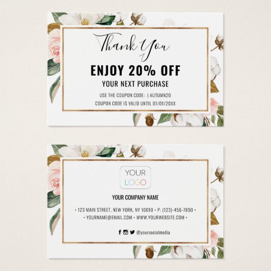 White Blush Magnolia Floral Discount Coupon Kaart (Voorkant /achterkant)