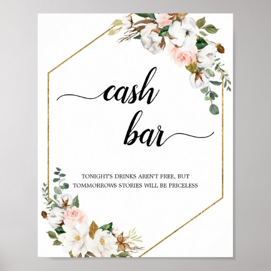 White Blush Magnolia Floral Lijst Cash Bar Sign Poster (Voorkant)