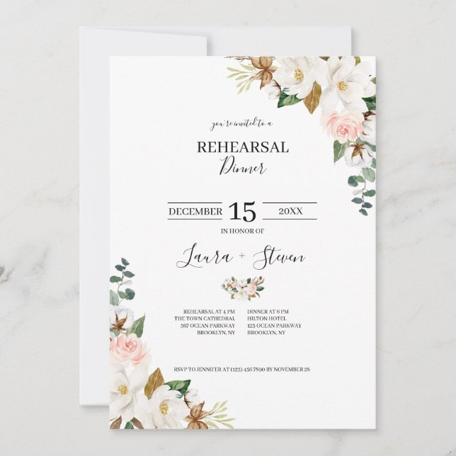 White & Blush Magnolia Floral Rehearsal Dinner (Voorkant)