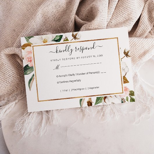 White & Blush Magnolia Floral Wedding RSVP Kaartje