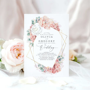 White Blush Peach and Dusty Roos Floral Wedding Kaart