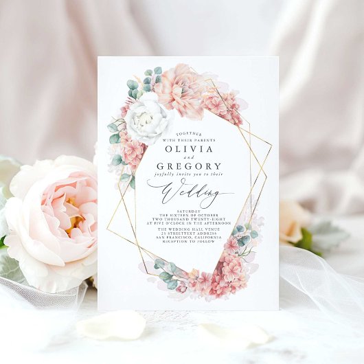 White Blush Peach and Dusty Roos Floral Wedding Kaart