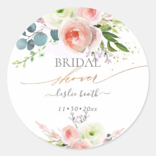 White Blush Pink Peonies Bridal Shower Invitation Ronde Sticker