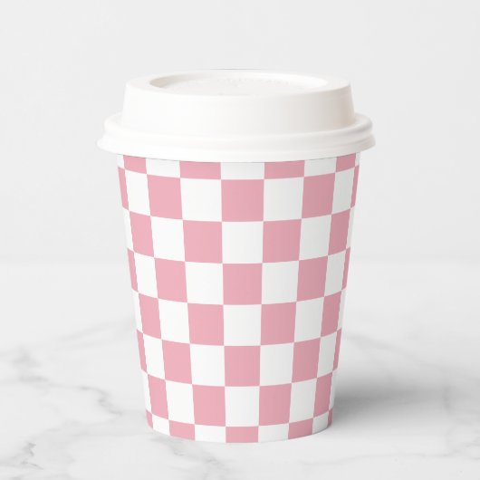 White Blush Pink Square Pattern Paper Cups Papieren Bekers (Links)