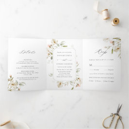 White Blush Sage Elegant Floral Wedding Drieluik Uitnodiging