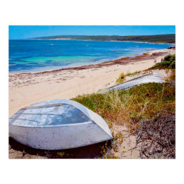 White Boat on Beach Golden Sands Blue Zee Foto Perfect Poster
