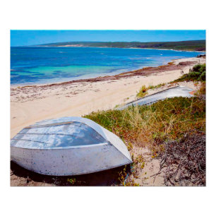 White Boat on Beach Golden Sands Blue Zee Foto Perfect Poster