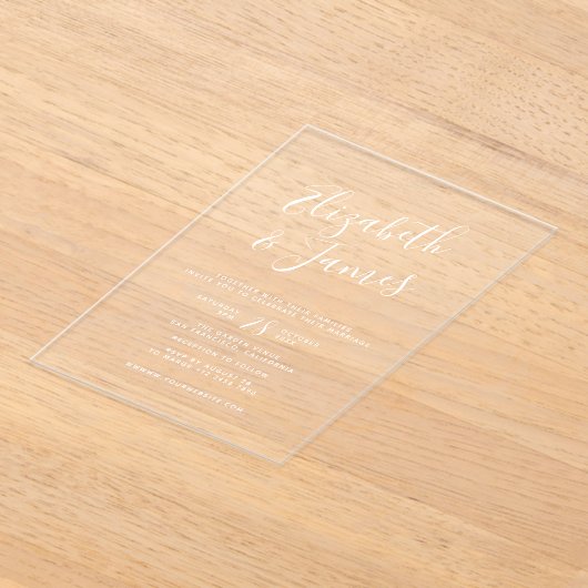 White Bohemian Script Calligraphy Wedding Acryl Uitnodigingen (Laagn)