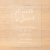 White Bohemian Script Calligraphy Wedding Acryl Uitnodigingen (Voorkant)