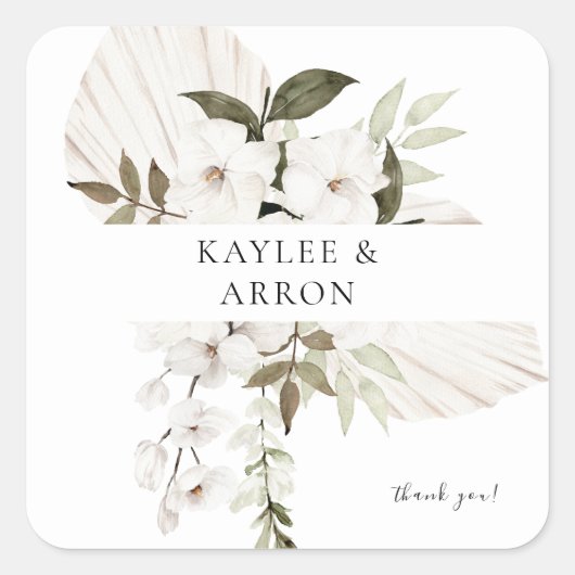 White Boho Floral bedankt Vierkante Sticker (Voorkant)