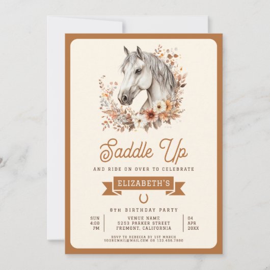 White Boho Floral Horse Cowgirl Verjaardagsfeestje Kaart (Voorkant)