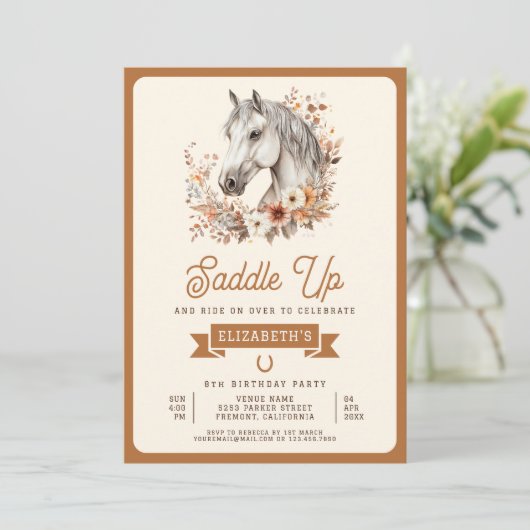 White Boho Floral Horse Cowgirl Verjaardagsfeestje Kaart (Staand voorkant)