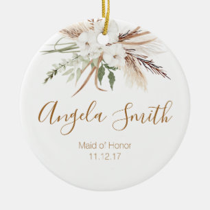 White Boho Floral Maid of Honor Kerstannament Keramisch Ornament