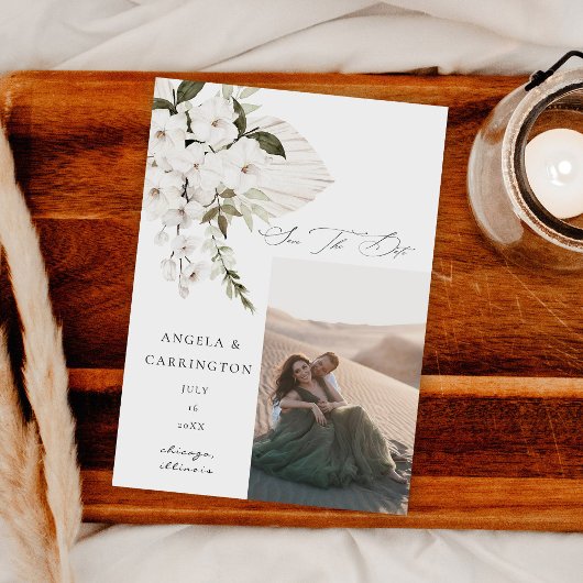 White Boho Floral Save the Date Photo