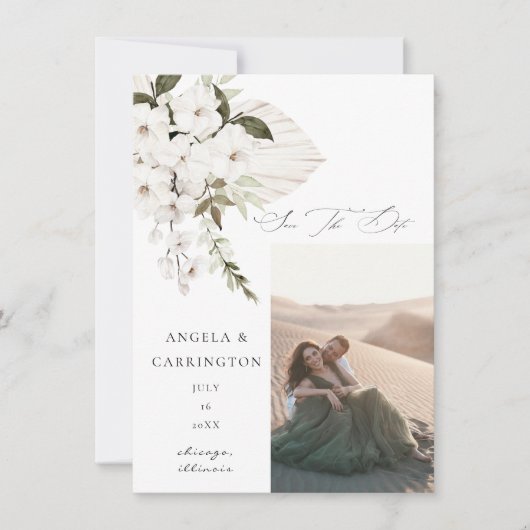 White Boho Floral Save the Date Photo (Voorkant)