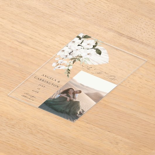 White Boho Floral Save the Date Photo Acryl Uitnodigingen (Laagn)