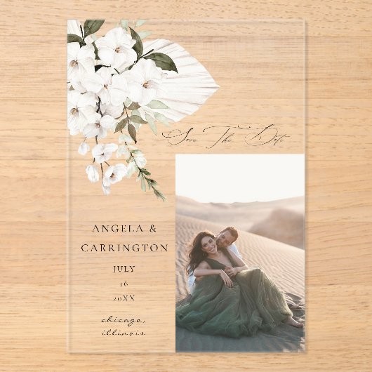 White Boho Floral Save the Date Photo Acryl Uitnodigingen (Voorkant)