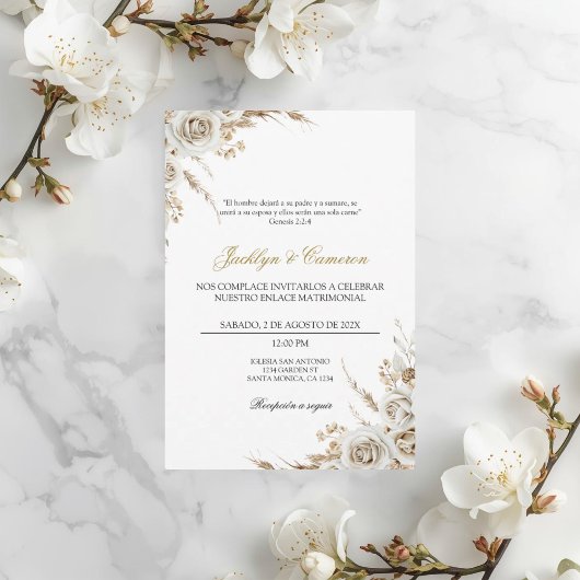 White Boho Floral Spanish Wedding Kaart