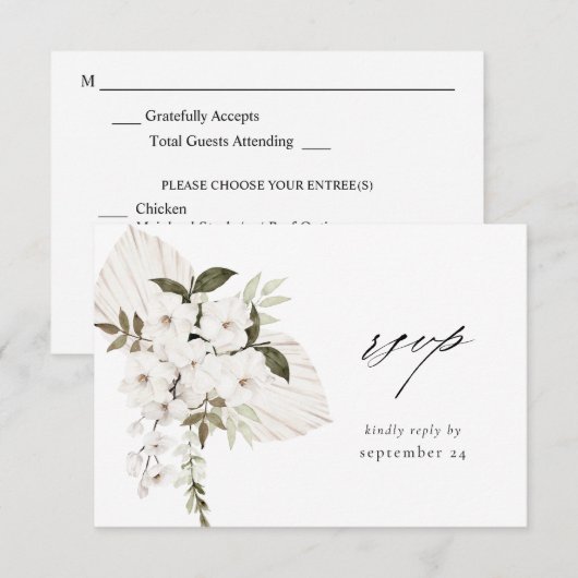White Boho Floral w Meal RSVP Card (Voorkant / Achterkant)