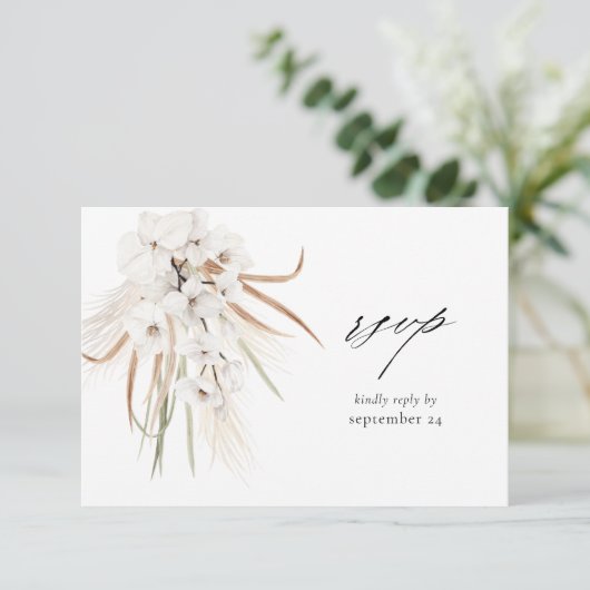 White Boho Floral w Meal RSVP Card 2 Kaartje (Staand voorkant)