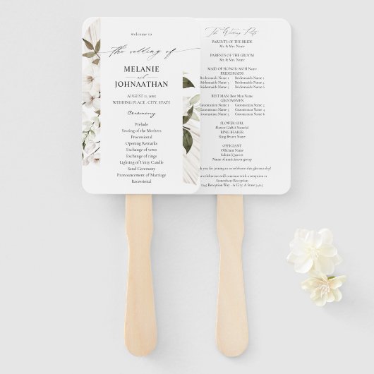 White Boho Floral Wedding Ceremony Programme Handwaaier (Voorkant en achterkant)