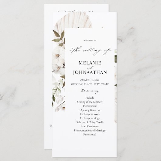 White Boho Floral Wedding Ceremony Programme Programmakaart (Voorkant / Achterkant)