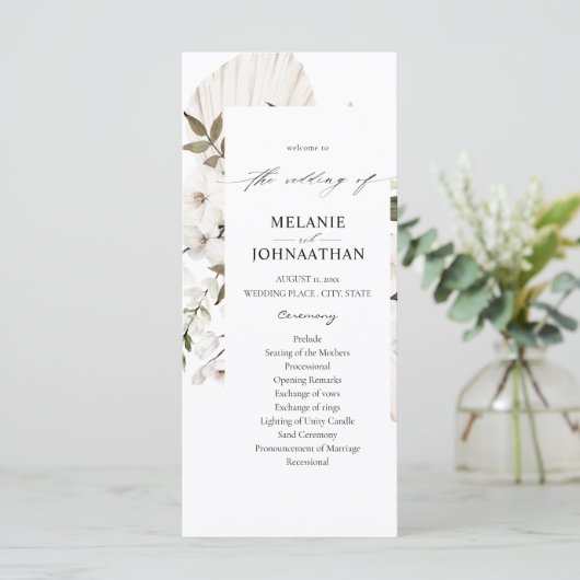White Boho Floral Wedding Ceremony Programme Programmakaart (Staand voorkant)