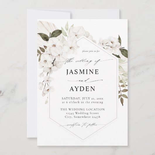 White Boho Floral Wedding Invitation Kaart (Voorkant)