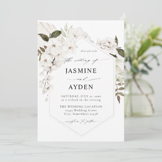 White Boho Floral Wedding Invitation Kaart (Staand voorkant)