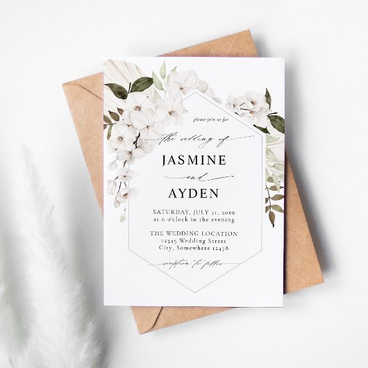 White Boho Floral Wedding Invitation Kaart