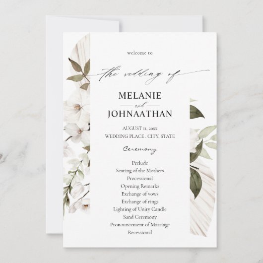 White Boho Floral Wedding Programme Kaart (Voorkant)