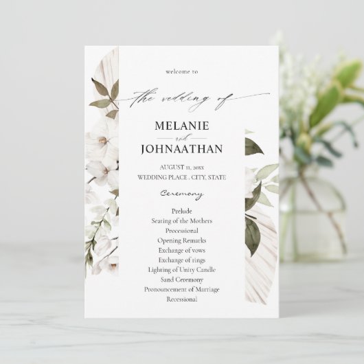 White Boho Floral Wedding Programme Kaart (Staand voorkant)