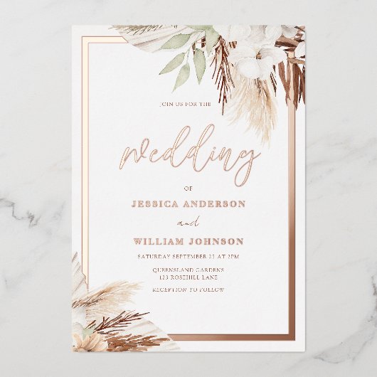 White Boho Floral Wedding Real Roos Gold Folie Uitnodiging (Voorkant)