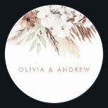 White Boho Flowers Sage Green Leaves Wedding Ronde Sticker<br><div class="desc">White Boho Flowers Sage Green Leaves Wedding Classic Ronde Sticker Zie bijpassend collectie in Niche en Nest Store</div>