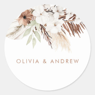 White Boho Flowers Sage Green Leaves Wedding Ronde Sticker