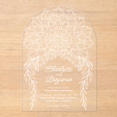 White Boho Mandala Leafy Vine Wedding Acryl Uitnodigingen (Voorkant)