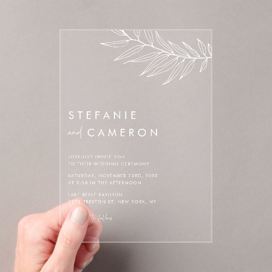 White Boho Minimalist Foliage Wedding Acryl Uitnodigingen (Insitu (Draagbaar))