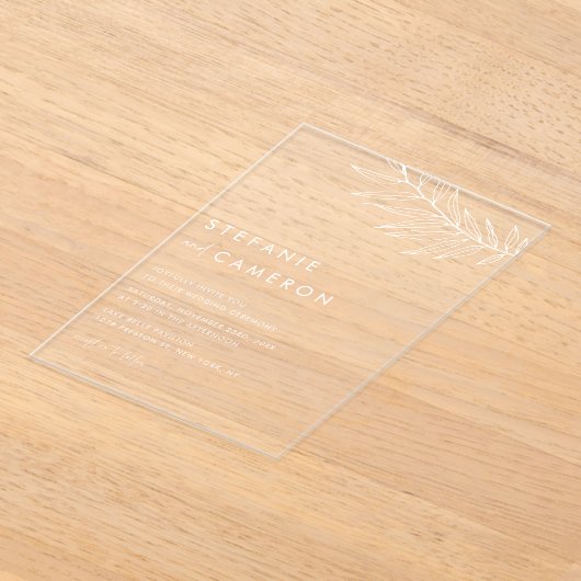 White Boho Minimalist Foliage Wedding Acryl Uitnodigingen (Laagn)