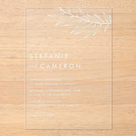 White Boho Minimalist Foliage Wedding Acryl Uitnodigingen (Voorkant)