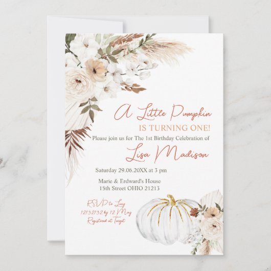 White Boho Pumpkin Birthday Uitnodiging (Voorkant)