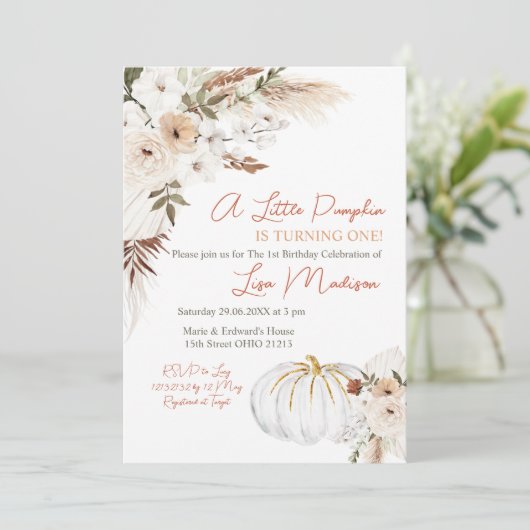White Boho Pumpkin Birthday Uitnodiging (Staand voorkant)