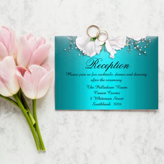 White Boho Rozen Metallic Aqua Weddenschappen Rece Informatiekaartje