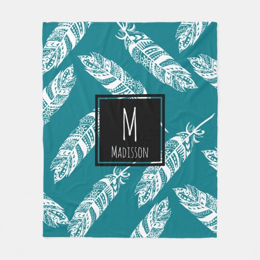 White Boho Tribal Feathers - Gepersonaliseerd Fleece Deken (Voorkant)