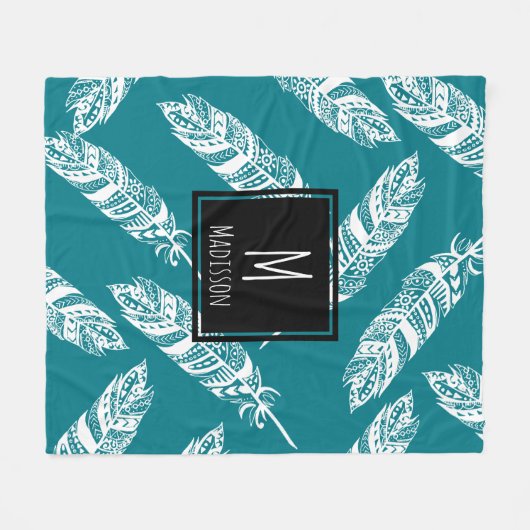 White Boho Tribal Feathers - Gepersonaliseerd Fleece Deken (Voorkant (Horizontaal))