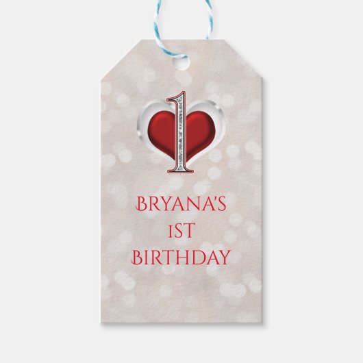 White Bokeh Red Valentijns Heart 1 Birthday Cadeaulabel (Voorkant)