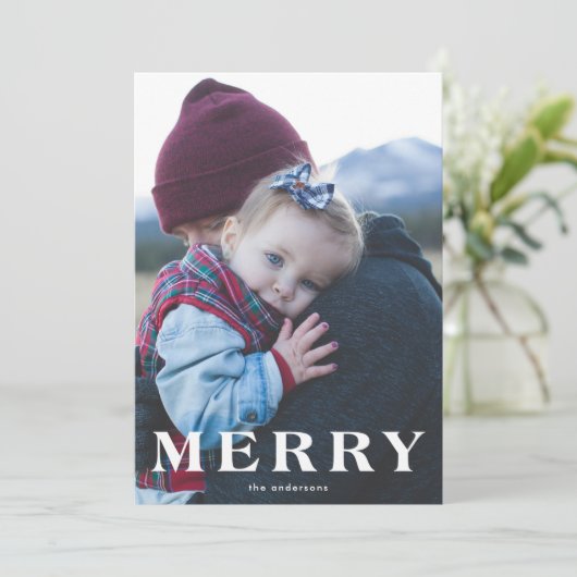 White Bold MERRY-kerstfeestdag fotokaart Feestdagenkaart (Staand voorkant)