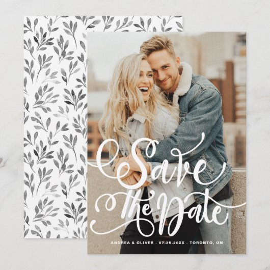 White Bold Modern Calligraphy Overlay Foto Save The Date (Voorkant / Achterkant)