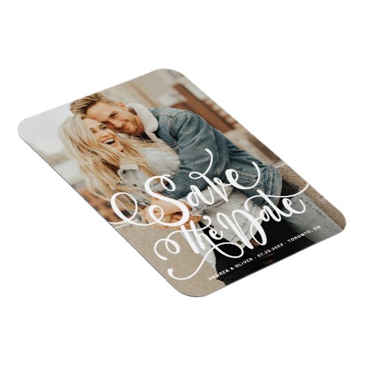 White Bold Modern Calligraphy Save the Date Magneet (Rechterzijde)
