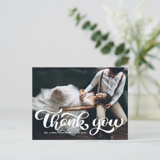 White Bold Retro Script Photo Weddenschap Bedankt Briefkaart (Staand voorkant)